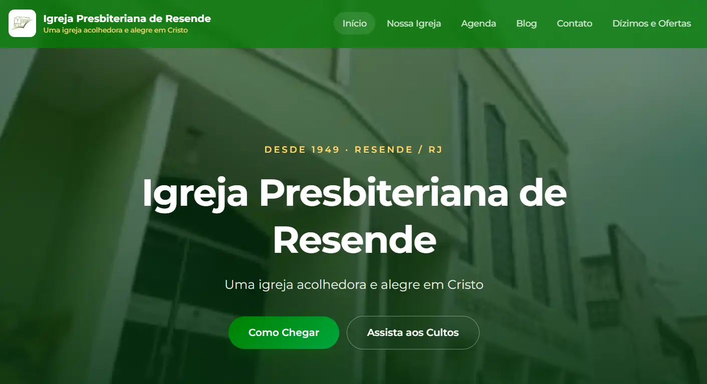 Página inicial do novo site da Igreja Presbiteriana de Resende